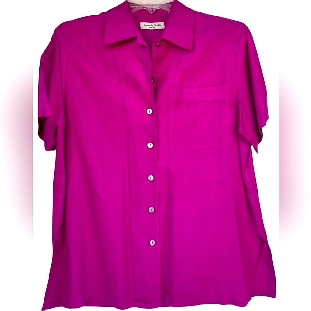 Silk Blouse Collar, short sleeve side slits Fuchsia Pink, Size L, Amanda Smith